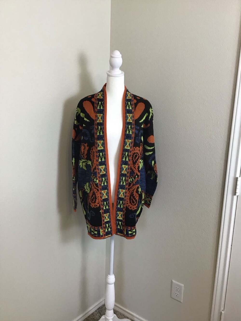 Flying Tomato Open Front Knit Cardigan Sweater Size S Paisley Boho Print SW3208